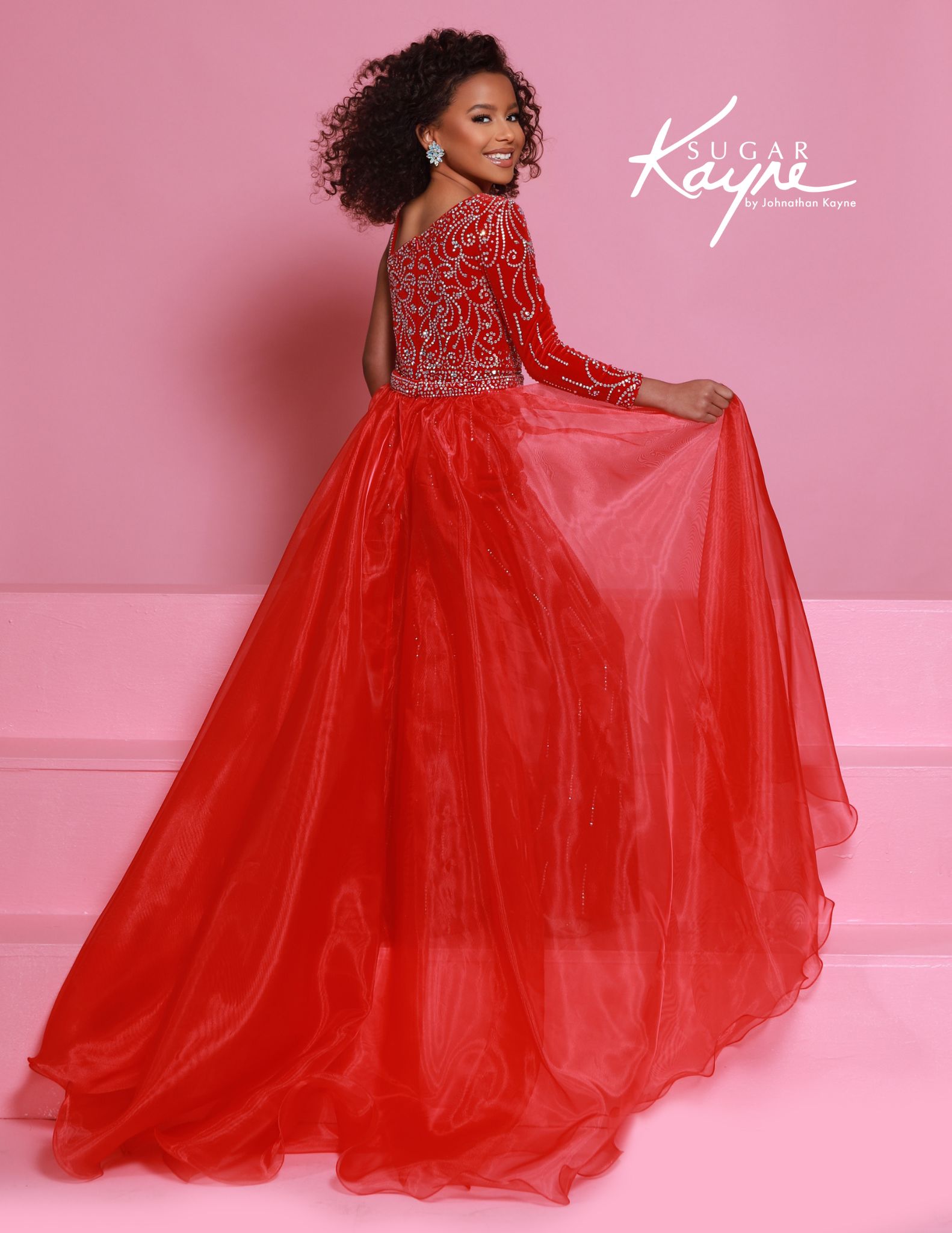 Red crystal-embellished one-sleeve jumpsuit for girls with sheer organza overskirt